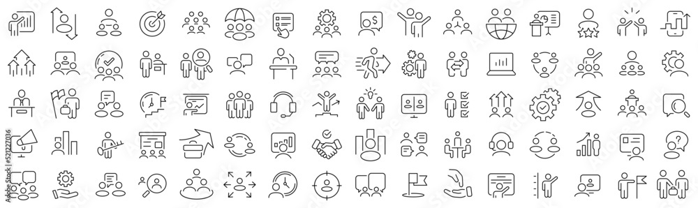Poster set of teamwork and management line icons. collection of black linear icons