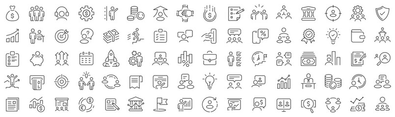 Set of teamwork and business line icons. Collection of black linear icons