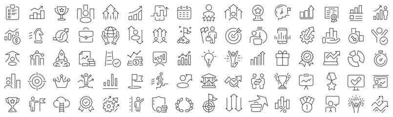 Set of growth and success line icons. Collection of black linear icons