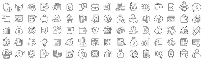 Set of money and finance line icons. Collection of black linear icons