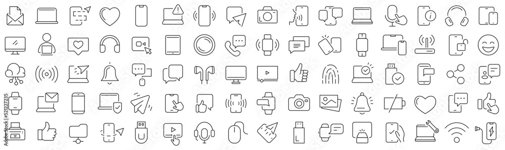 Aufkleber set of device technology line icons. collection of black linear icons