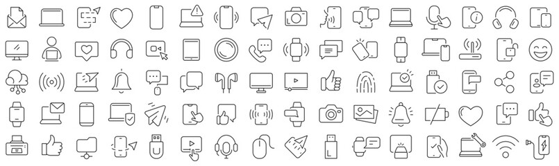 Set of device technology line icons. Collection of black linear icons
