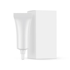 Small Cosmetic Tube Mock Up With Long Tip Cap, Packing Box Side View. Vector Illustration