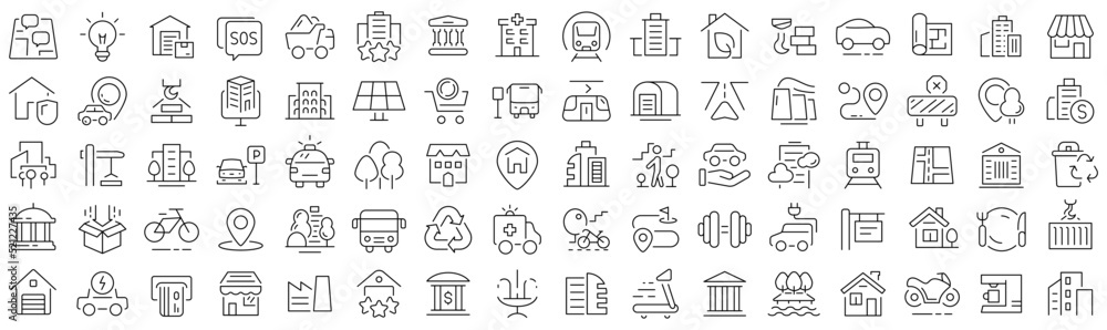Poster set of urban infrastructure line icons. collection of black linear icons