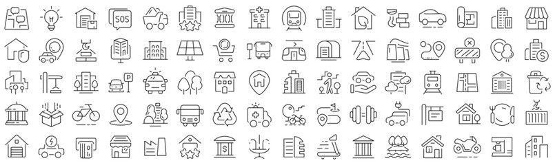 Set of urban infrastructure line icons. Collection of black linear icons