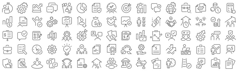 Set of workflow and audit line icons. Collection of black linear icons