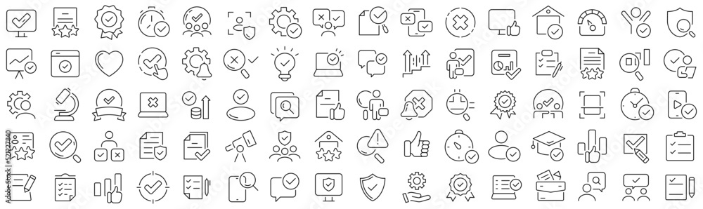 Aufkleber set of quality analysis line icons. collection of black linear icons