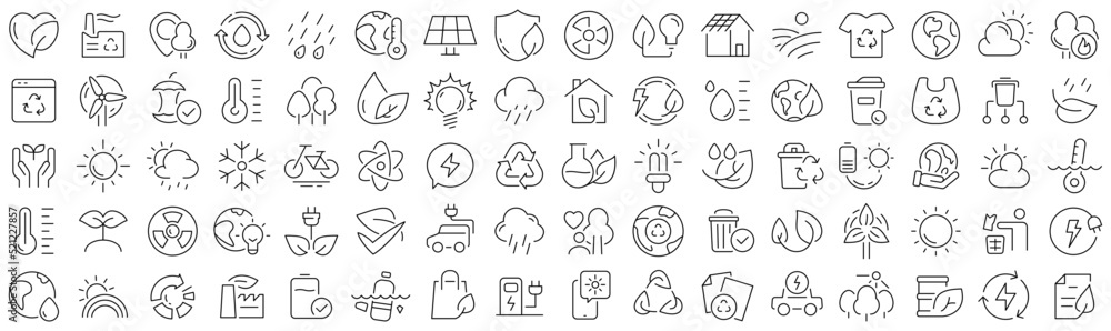 Poster set of ecology and recycle line icons. collection of black linear icons
