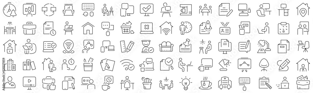 Poster set of workplace and office line icons. collection of black linear icons