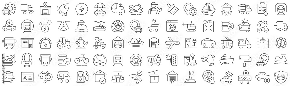 Poster set of auto service line icons. collection of black linear icons