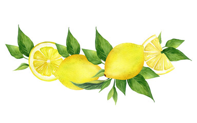Watercolor lemon compositions set. Arrangements. Half, slice, green leaf, branch of summer tropical fruit. Antiviral health food. Perfect for home decor, card making, cocktail menu.