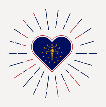 Indiana heart with flag of the us state. Sunburst around Indiana heart sign. Vector illustration.