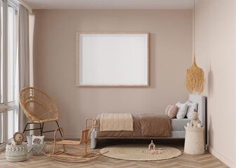 Empty horizontal picture frame on beige wall in modern child room. Mock up interior in boho style. Free, copy space for your picture. Bed, rattan chair, toys. Cozy room for kids. 3D rendering.