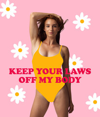 Portrait of young slim girl over pink floral background. Female rights, right to choice, health and...