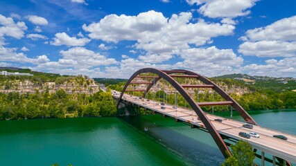 Aerial drone shot of the Pennybacker 360 bridge in Austin, Texas, USA