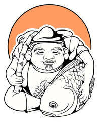 Buddha with fish.Three color sticker. Seated Buddha with fish.