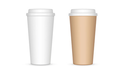 Two Blank Tall Coffee Cups Mockups, Isolated on White Background, Front View. Vector Illustration
