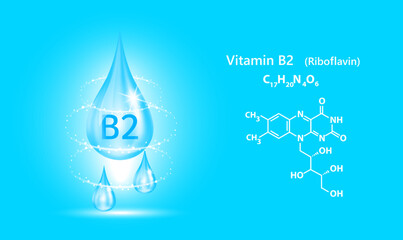 Structure vitamin B2 drop water collagen blue. 3D Realistic Vector. Medical and scientific concepts. Beauty treatment nutrition skin care design. Vitamin solution complex with Chemical formula nature.