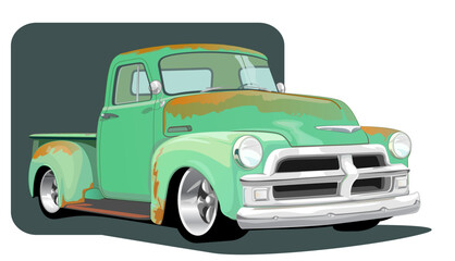 Green, rusty classic American pickup truck from the 1950s isolated on white, vector illustration. © StanMikov 