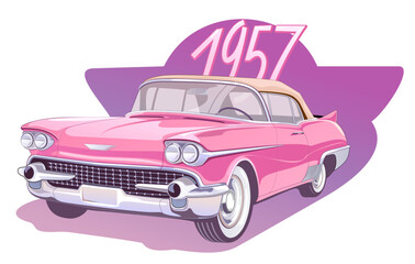 Vintage car in retro style in pink, American convertible from the 1950s, 1957, vector illustration. - obrazy, fototapety, plakaty