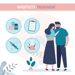 Infographics with infertility treatment with different methods. Couple disappointed due to negative pregnancy test