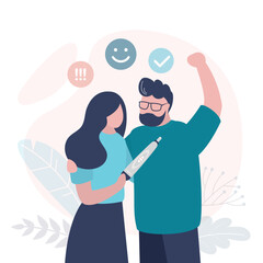 Obraz premium Couple rejoices at positive pregnancy test. Cute woman became pregnant. Parents waiting for birth of child