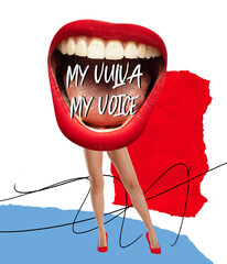 Conceptual collage with big female mouth on slender legs. Protest against abortion law, female...