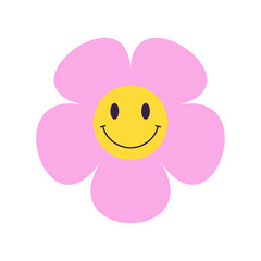 Colorful groovy flower with smiling face. 70s, 80s, 90s vibes sticker. Abstract daisy emoji illustration. Vintage nostalgia element for design and print