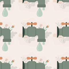 Save water, seamless pattern. Sustainable lifestyle. Environmental protection, movement of zero waste. Pipe with valve and big water drop. Eco-friendly texture background. T