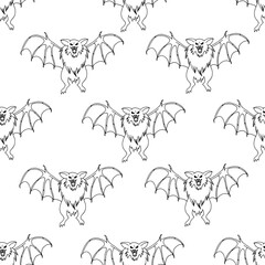 Vector illustration of a halloween background with angry vampire bat with big fangs and claws on the wings drawing black color on white paper. Halloween concept. Wrapping paper on halloween.