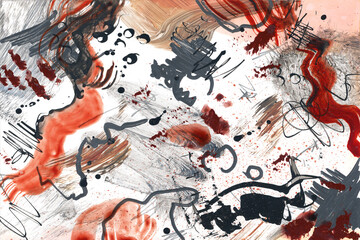 Contemporary abstract expressionism designed on canvas with paint stains, acrylic markers, watercolor streaks and splatter paint. Modern art. Can be used as background, wall print or poster.