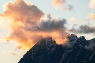Fantastic bright orange sunset in the Ushba mountains, Svaneti Georgia. Ushba mountain.  