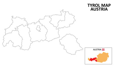 Tyrol Map. State and district map of Tyrol. Political map of Tyrol with outline and black and white design.