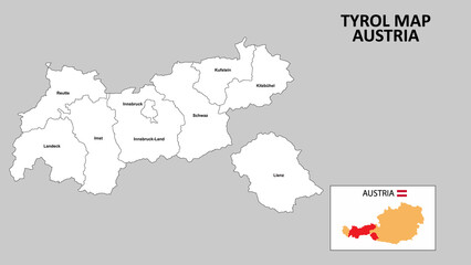 Tyrol Map. State and district map of Tyrol. Administrative map of Tyrol with district and capital in white color.
