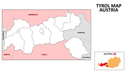 Tyrol Map. State and district map of Tyrol. Political map of Tyrol with outline and black and white design.