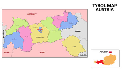 Tyrol Map. State and district map of Tyrol. Political map of Tyrol with neighboring countries and borders.