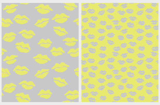 Cute Seamless Vector Pattern with Hand Drawn Lips on a Light Gray and Yellow Background. Lovely Repeatable Print with Lipstick Marks. Cool Girly Party Pattern ideal for Fabric, Wrapping Paper.