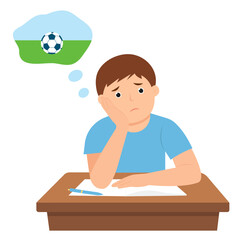   Bored kid doing homework. Sad  unhappy boy  studying, sitting with open notebook on boring school lesson. Boy  dreaming of playing ball outdoors. Vector illustration