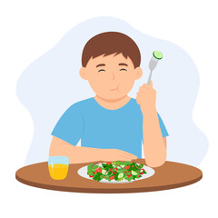 Cute little kid eating  salad using fork.  Boy eating vegetables. Children and healthy food. Vector illustration in flat  style.