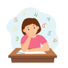 Girl having learning difficulty. Dyslexia concept.  Messed letters.Vector illustration.