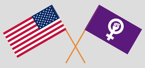 Crossed flags of the USA and Feminism. Official colors. Correct proportion
