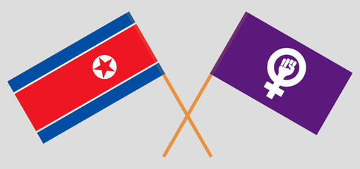 Crossed flags of North Korea and Feminism. Official colors. Correct proportion