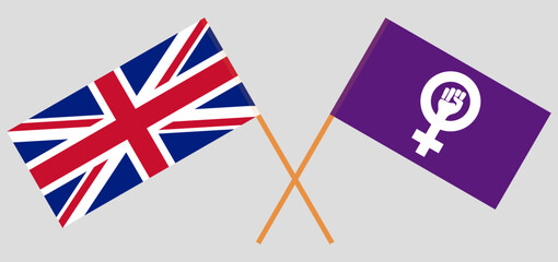 Crossed flags of United Kingdom and Feminism. Official colors. Correct proportion