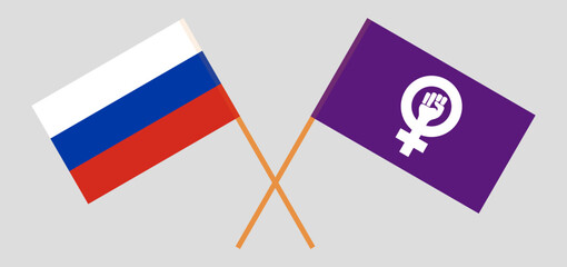 Crossed flags of Russia and Feminism. Official colors. Correct proportion