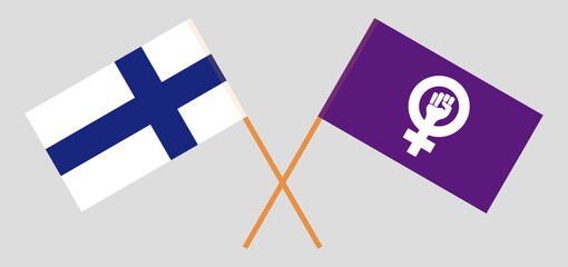 Crossed flags of Finland and Feminism. Official colors. Correct proportion