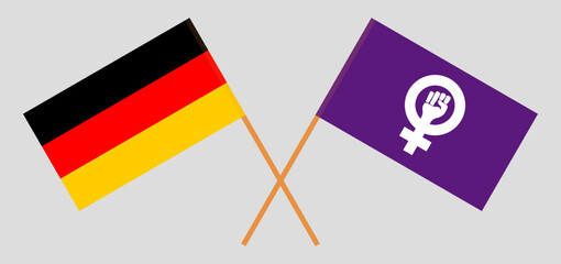 Crossed flags of Germany and Feminism. Official colors. Correct proportion