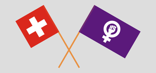 Crossed flags of Switzerland and Feminism. Official colors. Correct proportion