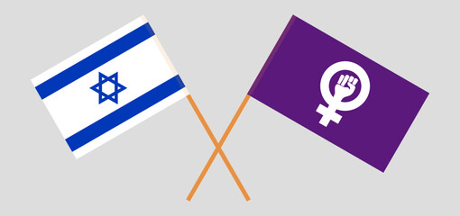 Crossed flags of Israel and Feminism. Official colors. Correct proportion