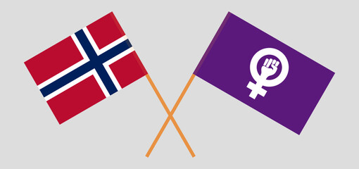 Crossed flags of Norway and Feminism. Official colors. Correct proportion