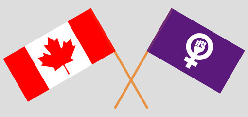 Crossed flags of Canada and Feminism. Official colors. Correct proportion